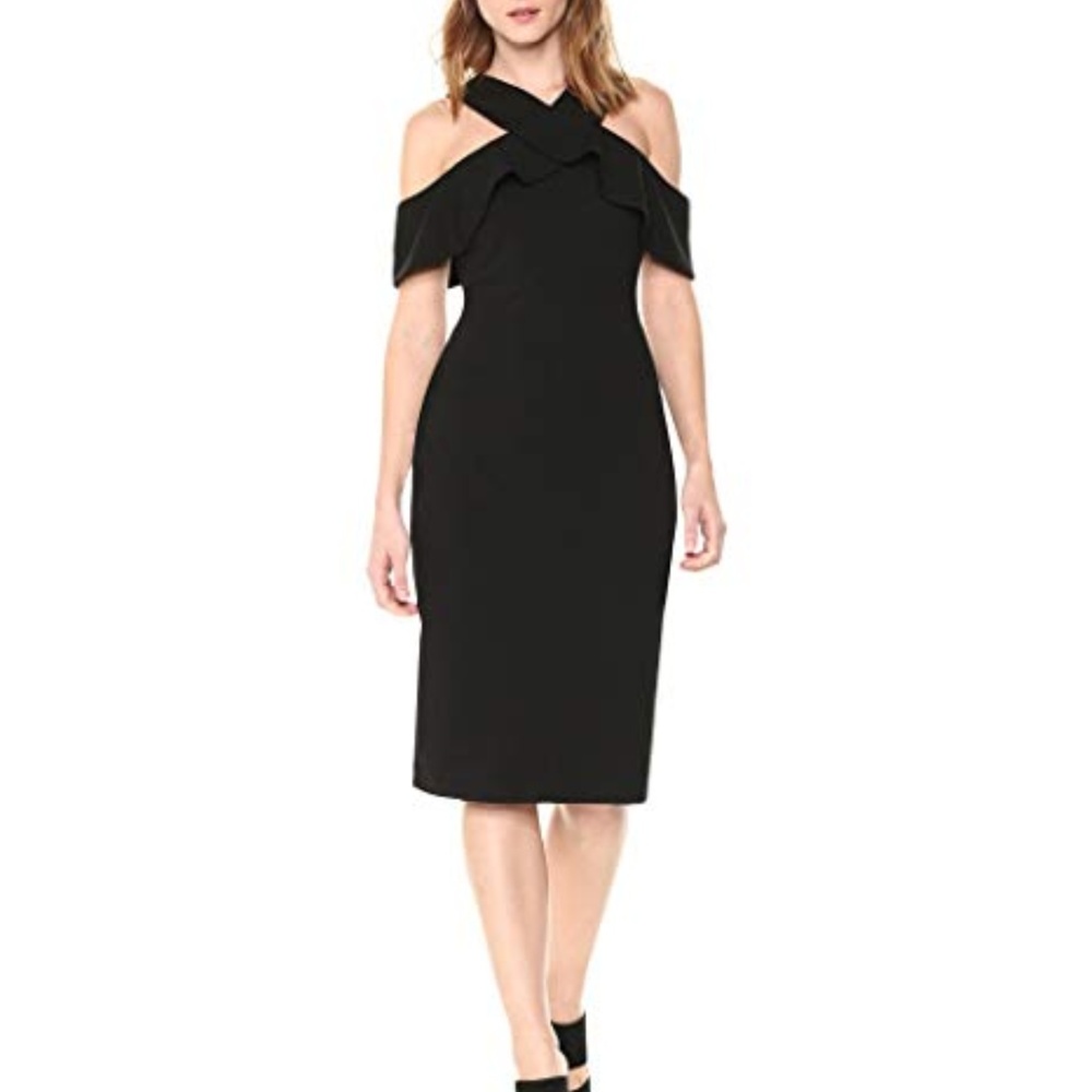 NWT RACHEL ROY Black CREPE SHEATH Dress SZ 6 Midi Length Little Black Dress